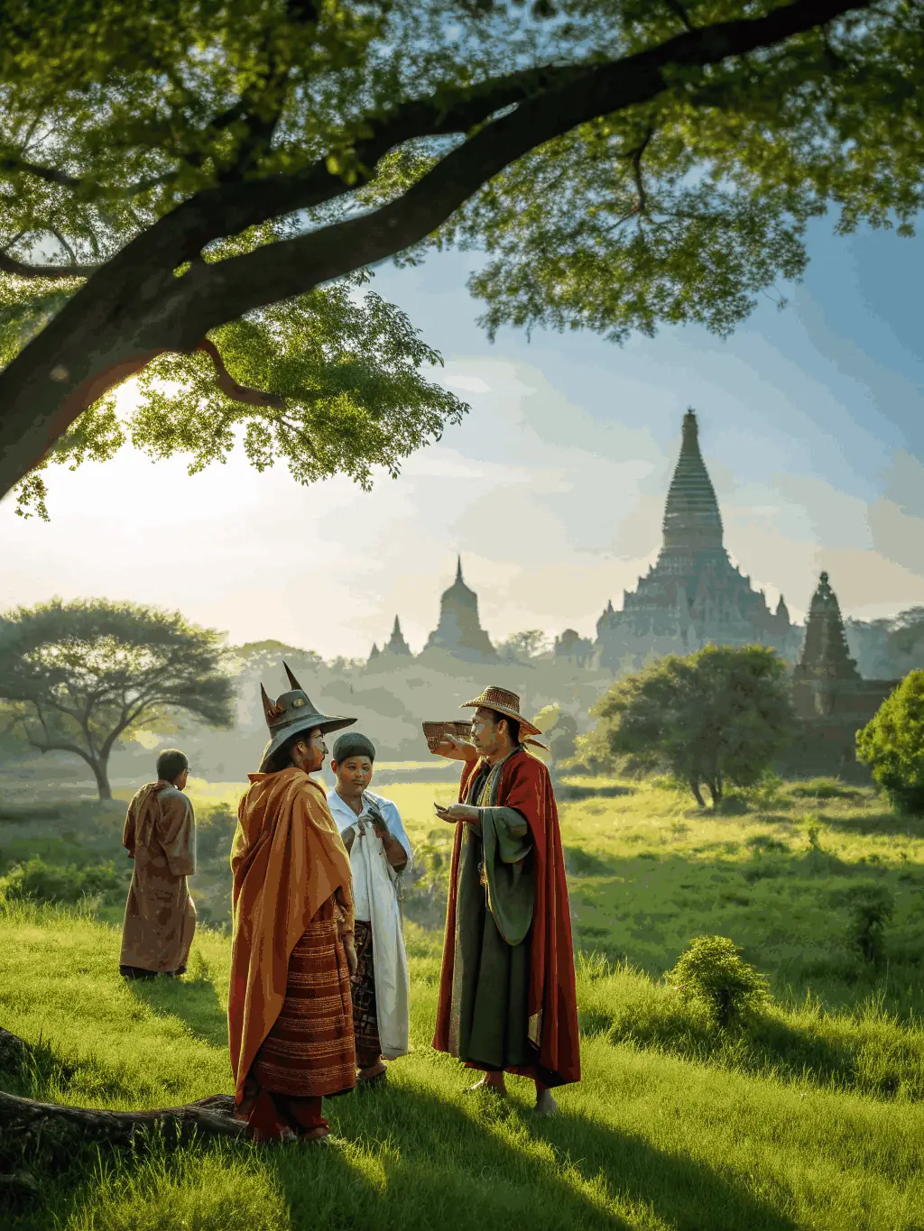 A photo of community members gathered at a heritage site for a cultural event, such as a historical reenactment or a traditional music performance.
