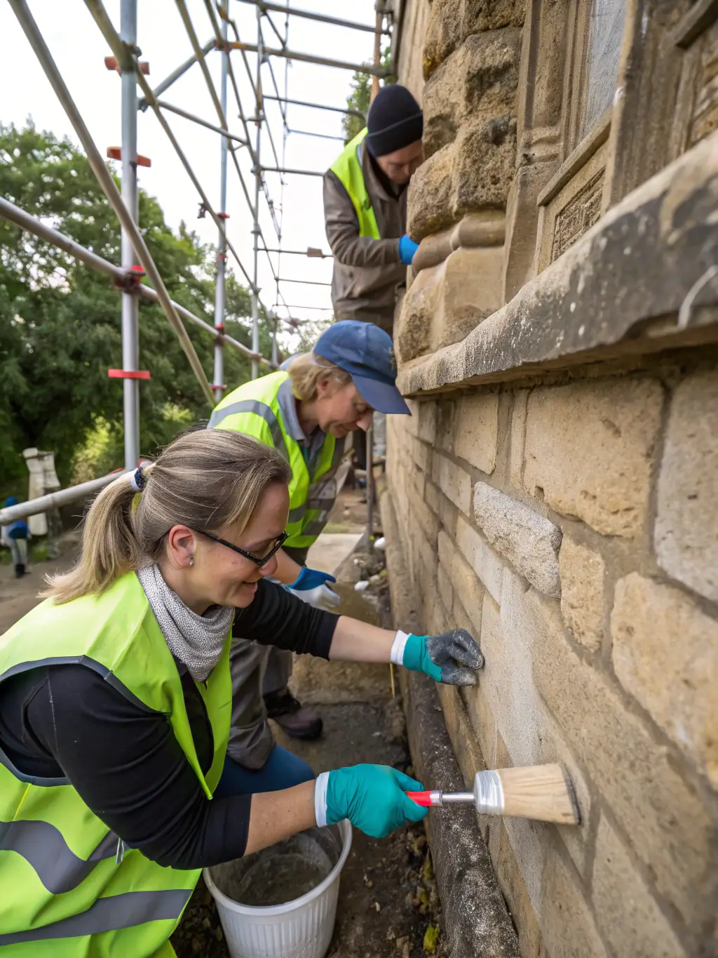 A photograph of volunteers working on the restoration of a historic building's facade, showcasing the hands-on aspect of HISTORIC HOMES' preservation efforts.