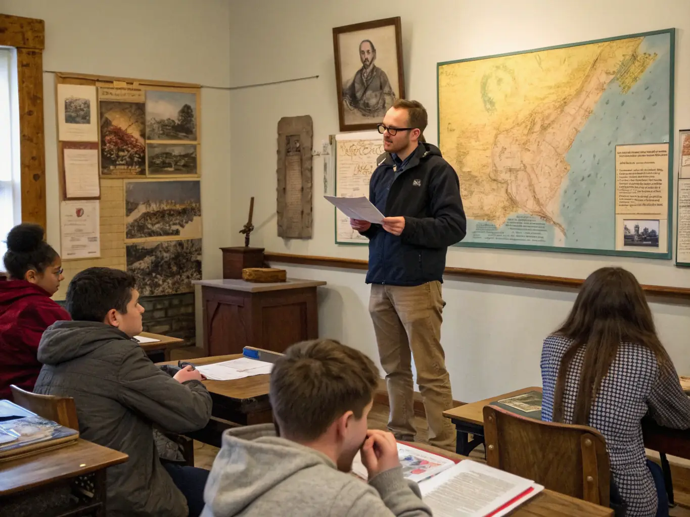 A classroom setting where a historian is giving a lecture on the architectural styles of historic homes, using visual aids and engaging with the audience. The room is well-lit and filled with attentive participants.