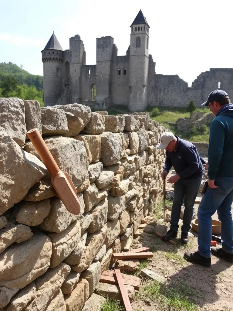 A photograph of volunteers working on the restoration of an old stone wall at a historic chateau in the French countryside, focusing on the teamwork and dedication involved in preserving cultural heritage.