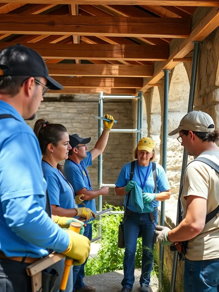 A group of volunteers carefully cleaning and restoring an antique wooden window frame in a historic building, showcasing hands-on preservation work.