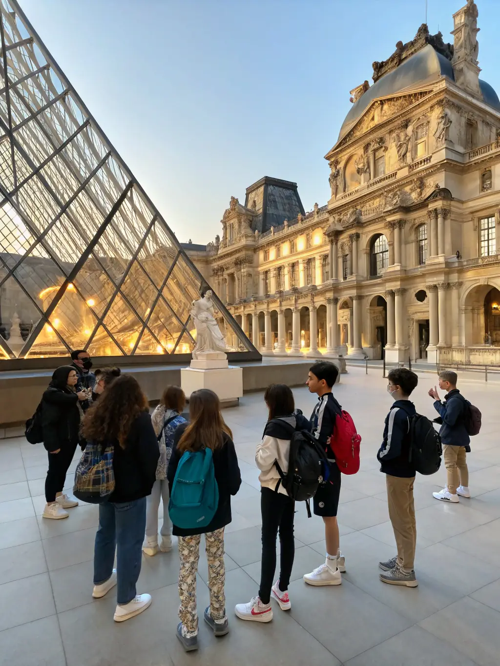 A group of students participating in an educational tour of a historic home, with a guide explaining the architectural details and historical significance of the building.