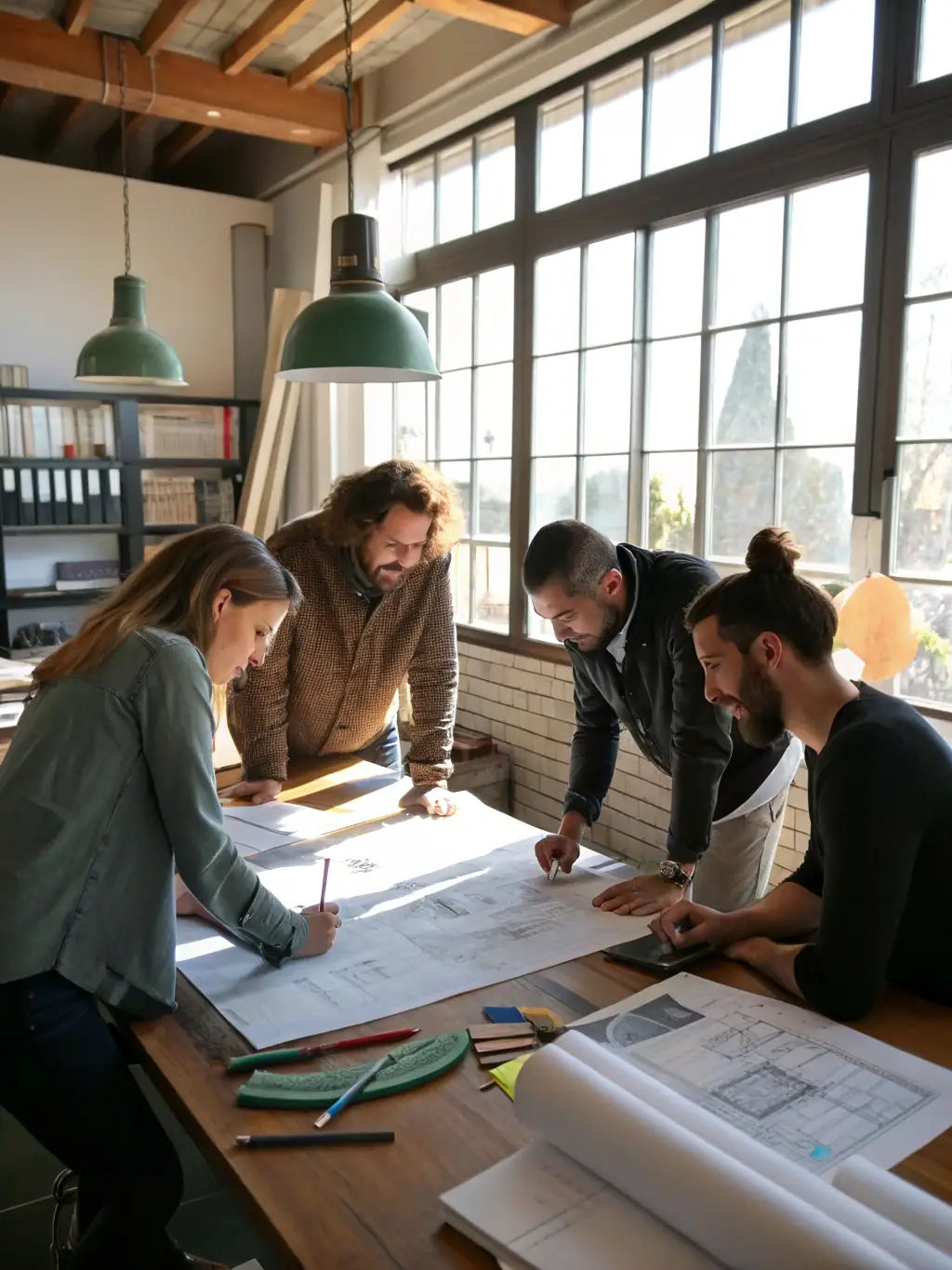 A team of architects and historians consulting on the preservation plan for a historic building, emphasizing expert collaboration and strategic planning.
